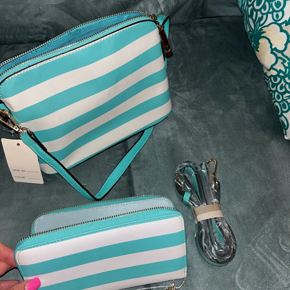 Turquoise and White Striped Women's Bag Set